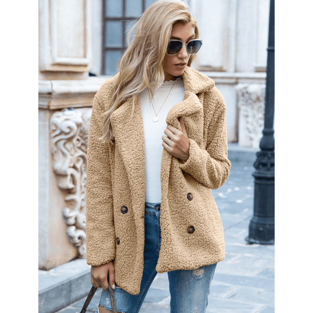 Tueenhuge Womens Long Sleeve Zipper Faux Shearling Shaggy Oversized Coat with Pockets 